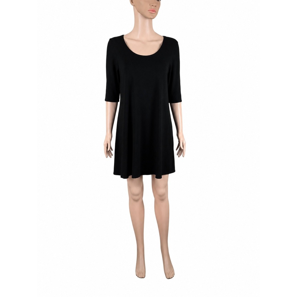 Eileen Fisher Black Swing Dress M Viscose Stretch 3/4 Sleeve A-Line